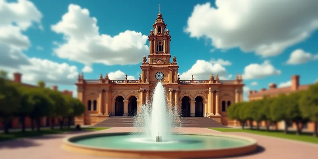 a large building with a tower and a fountain in front of it with a sky background and clouds in the