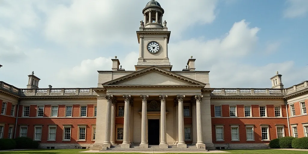 a large building with columns and a clock on the front of it's face and a clock tower in the backgro