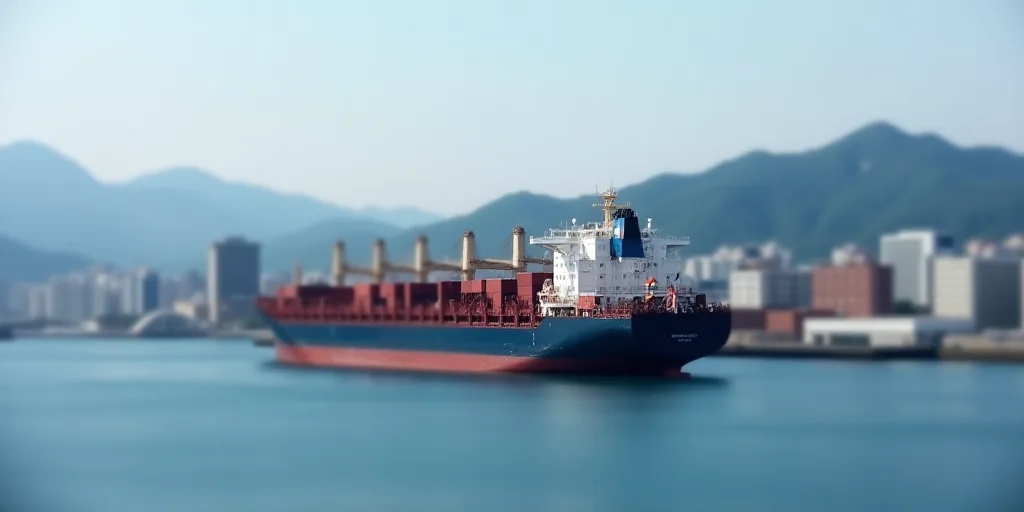 a large cargo ship in a harbor with a city in the background in the foreground of a large city, Ai-M