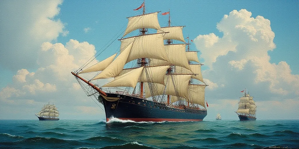 a large cargo ship in the water with other ships in the background and a sky background with clouds