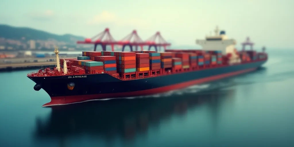 a large cargo ship is docked at a port with a lot of containers on the deck of the ship, Andries Sto