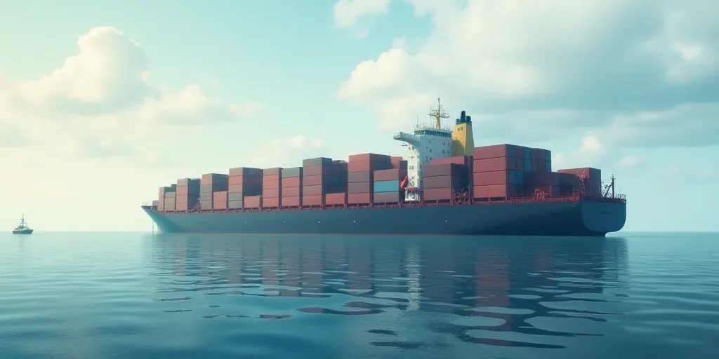 a large cargo ship with containers on it's back in the ocean under a cloudy sky with a boat in the w