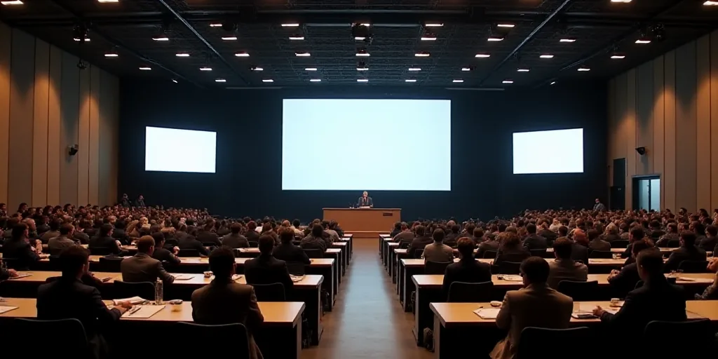 a large conference room with people sitting at tables and a speaker in the center of the room with a