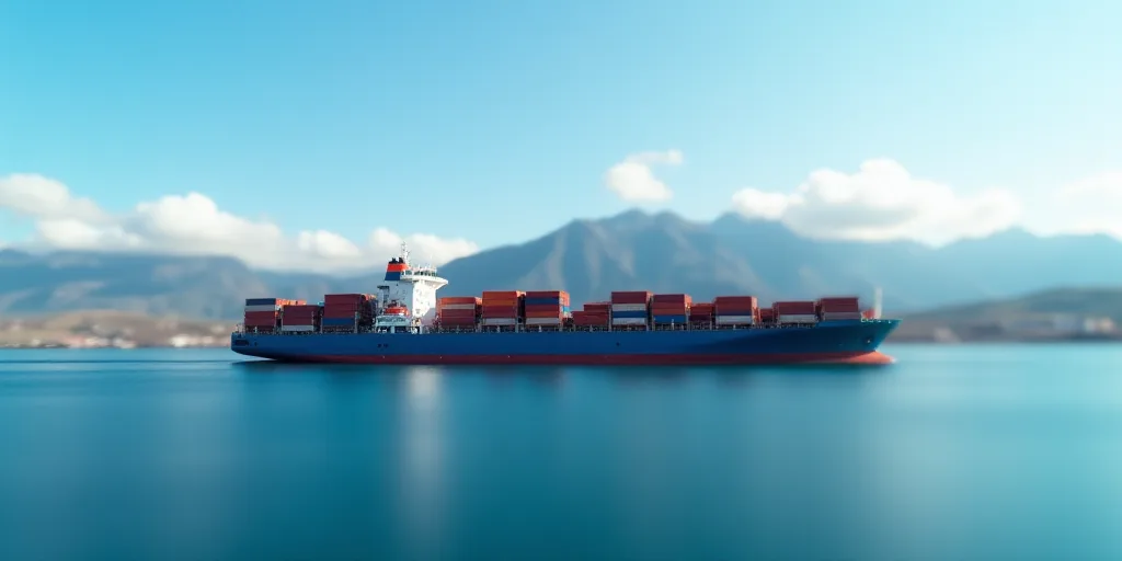 a large container ship is docked at a port in the ocean with mountains in the background and a blue