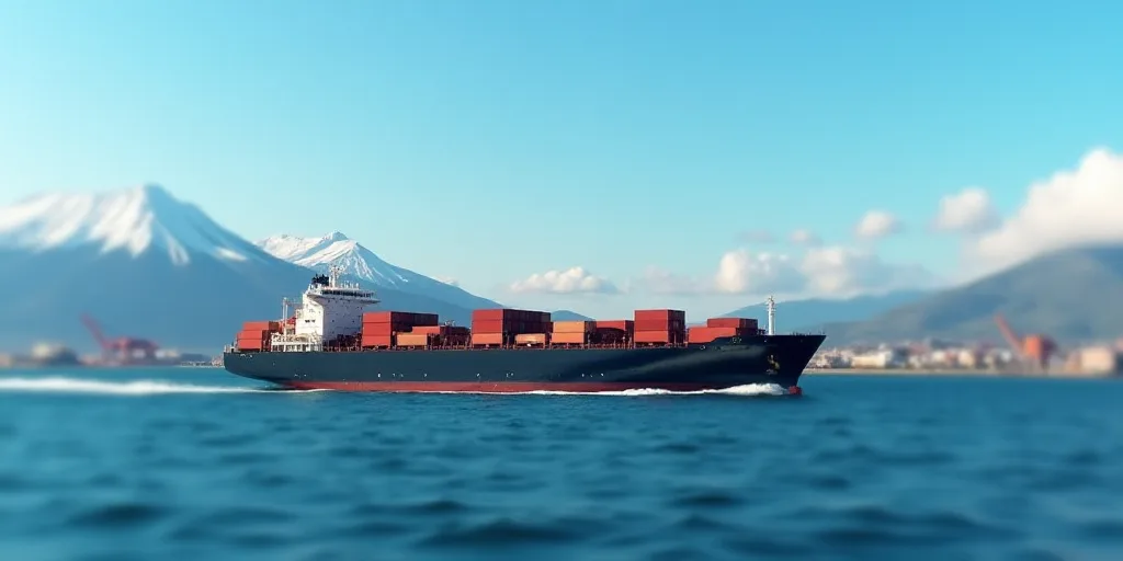 a large container ship is docked at a port in the ocean with mountains in the background and a blue