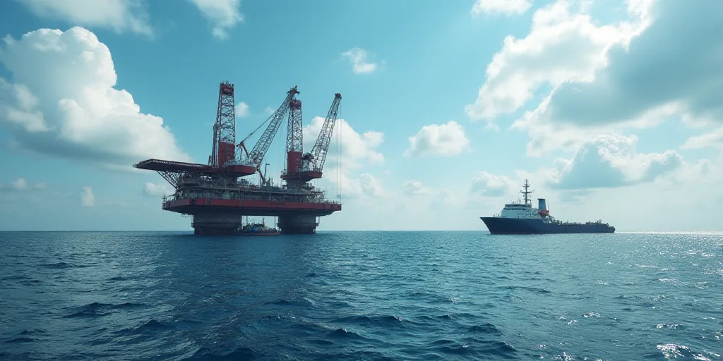 a large crane is in the middle of the ocean with a boat nearby and a barge in the water, Bascove, oi