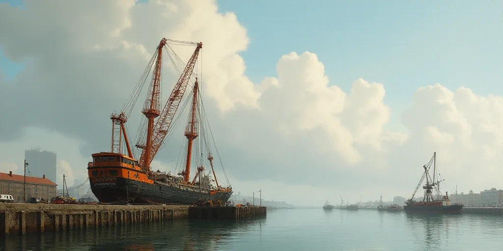 a large crane is on the water near a pier with a boat in the background and a crane on the water, Ba