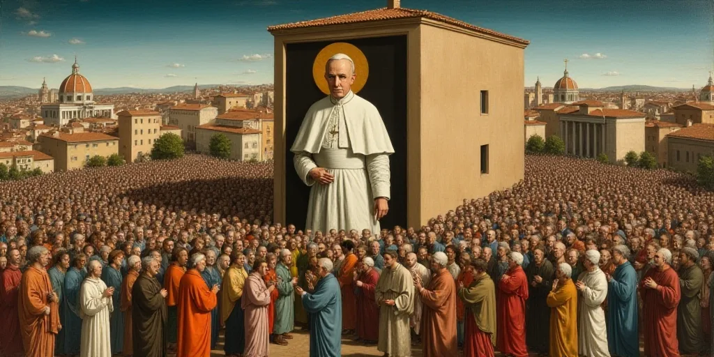 a large crowd of people standing around a building with a large picture of a pope on the side of the