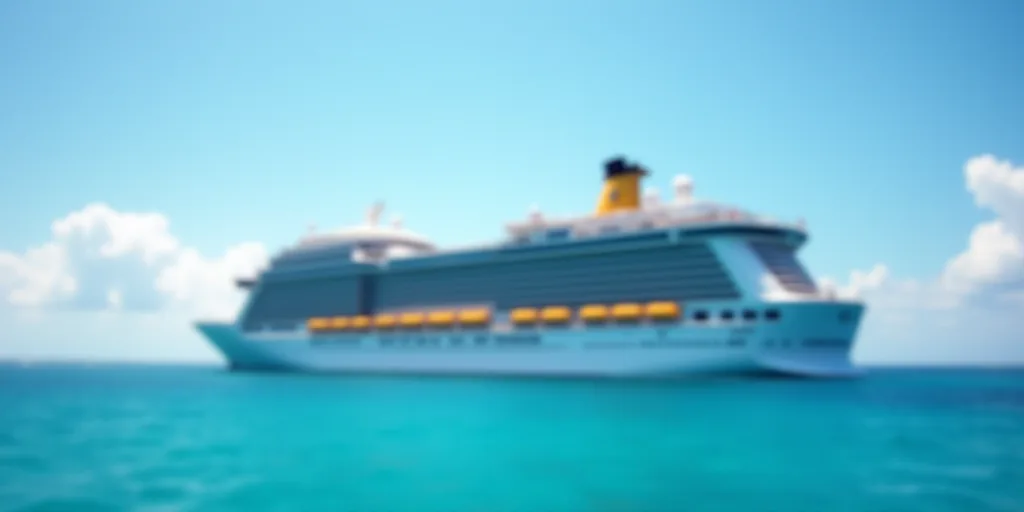 a large cruise ship in the middle of the ocean with a blue sky background and a yellow and white fla