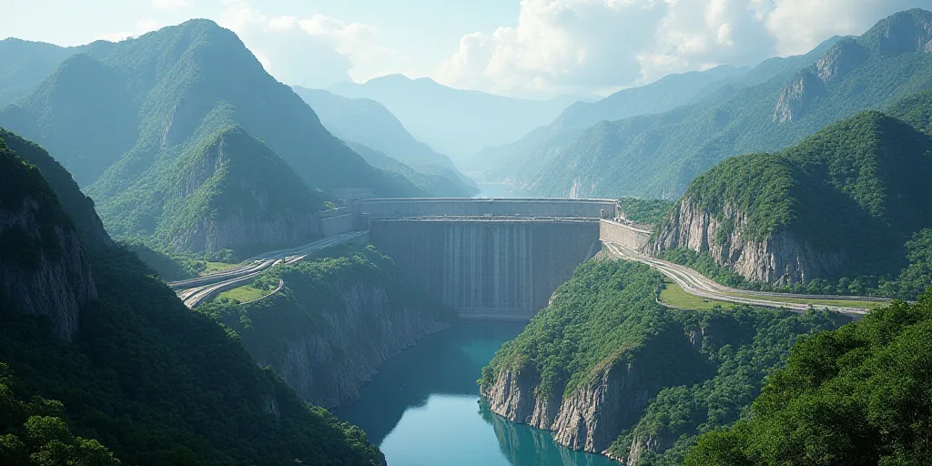 a large dam in a mountain with a road going through it and a river running through it and a bridge g