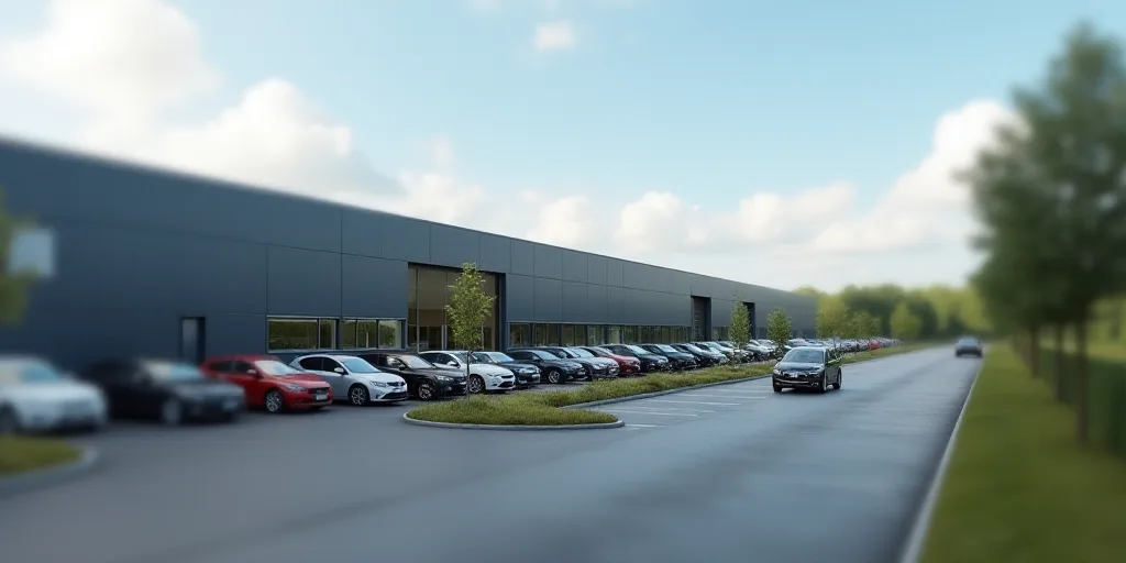 a large factory building with a lot of cars parked in front of it and a parking lot in front of it,
