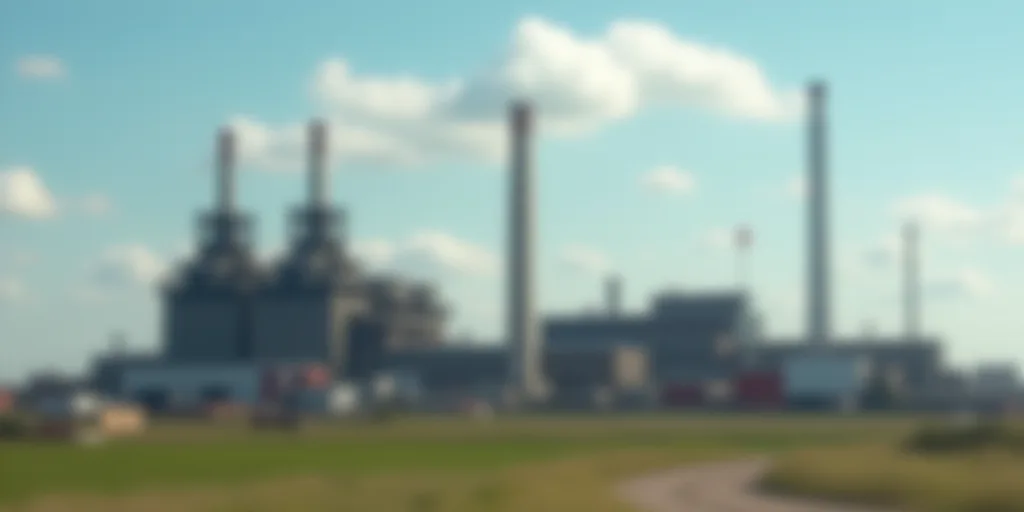 a large factory with a lot of machinery and buildings in the background and a sky background with a