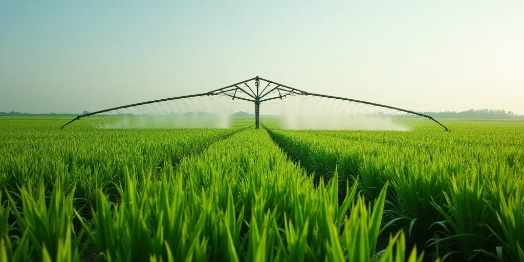 a large field of green plants with a large metal sprinkler in the background of the picture, Andries
