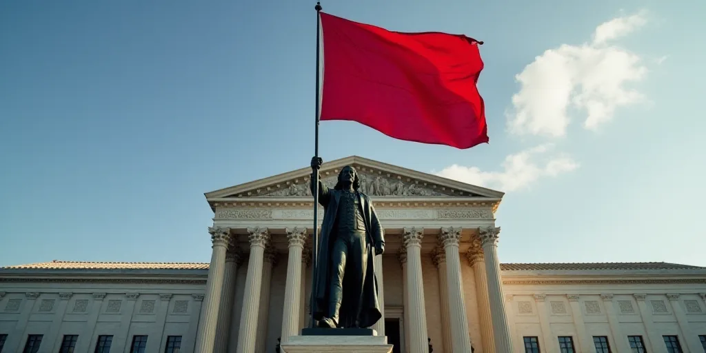 a large flag flying in front of a building with a statue of a man holding a flag in front of it, Ben