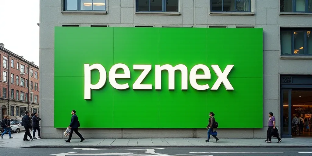 a large green sign that says pezmex on the side of a building with people walking by, Constant Perme
