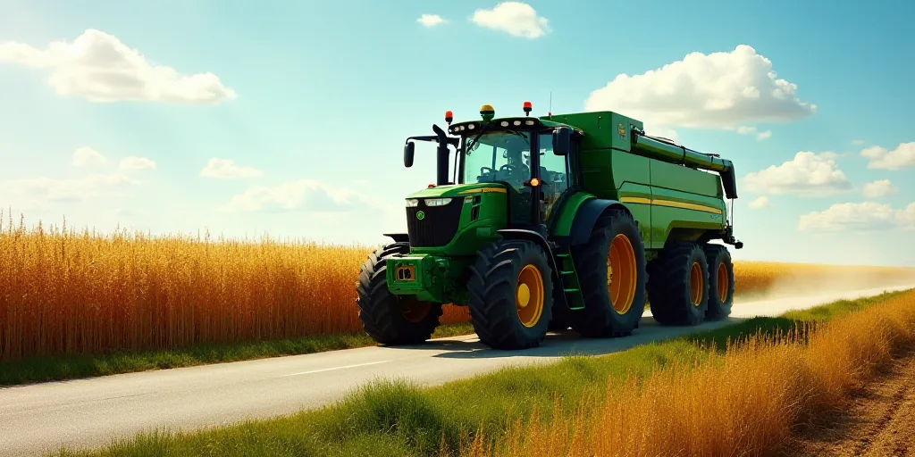 a large green tractor driving down a road next to a field of crops on a sunny day with a blue sky, C