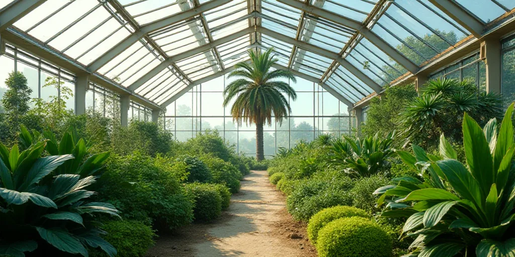 a large greenhouse with a lot of plants growing inside of it and a palm tree in the background in th