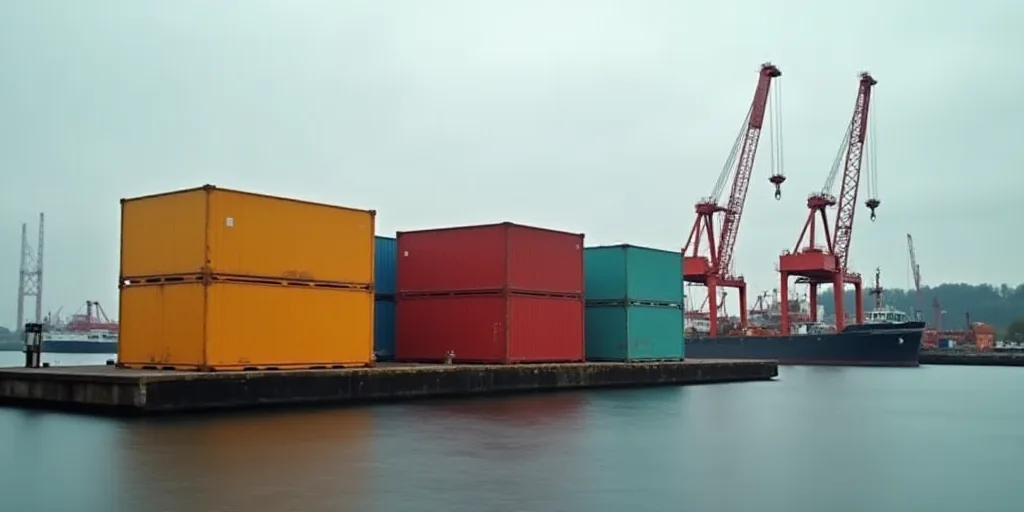 a large group of colorful boxes sitting on top of a dock next to a body of water with a crane in the
