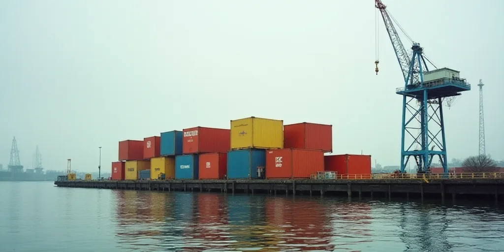 a large group of colorful boxes sitting on top of a dock next to a body of water with a crane in the