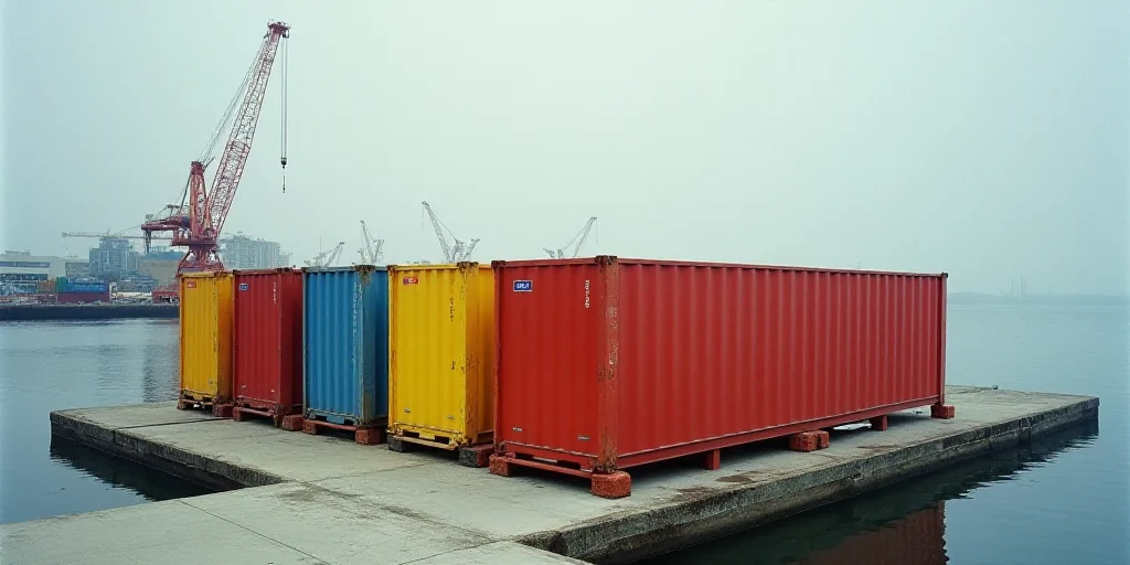 a large group of colorful boxes sitting on top of a dock next to a body of water with a crane in the