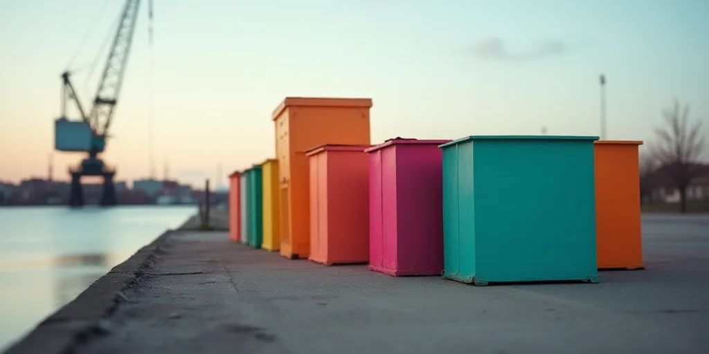 a large group of colorful boxes sitting on top of a dock next to a body of water with a crane in the