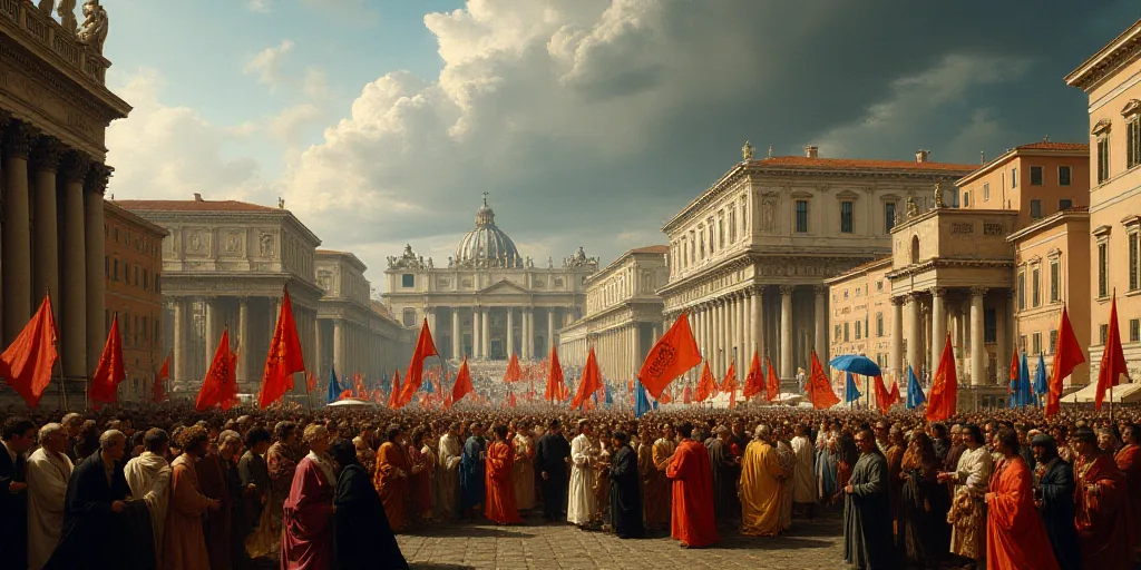a large group of people holding flags and umbrellas in a city square with buildings in the backgroun