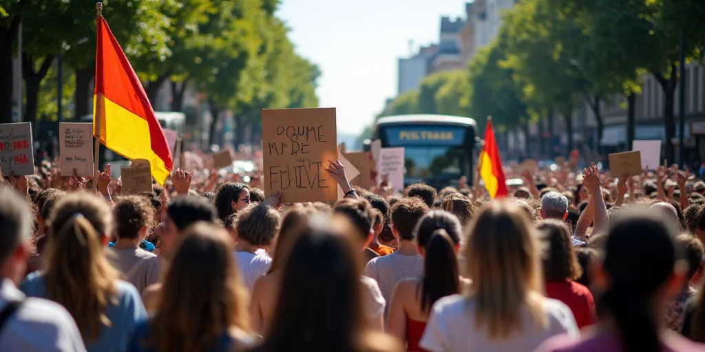 a large group of people holding signs and flags in a protest rally in a city street with a bus in th