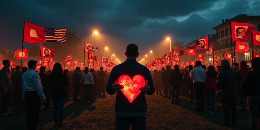 a large group of people holding flags and pictures of people on them at night time, with a man holdi