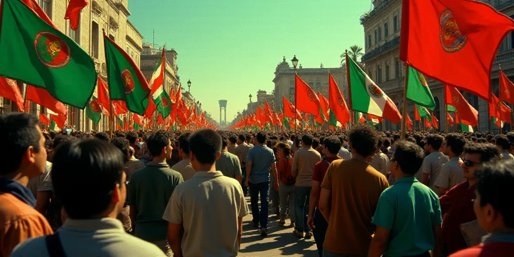 a large group of people holding flags and banners in a street with a building in the background and