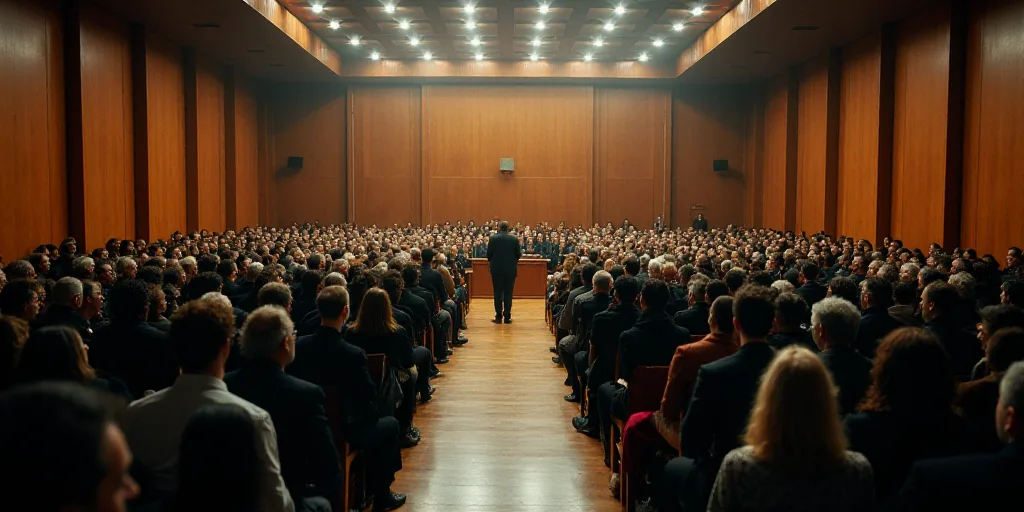 a large group of people in a room with a speaker in the center of the room and a podium in the middl