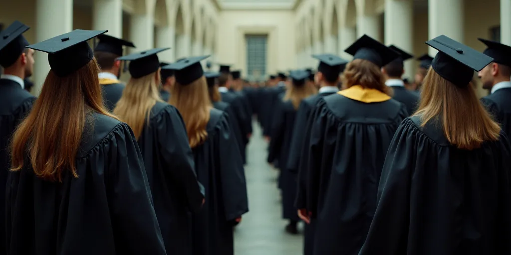 a large group of people in graduation gowns and hats and gowns are standing in a row and looking at