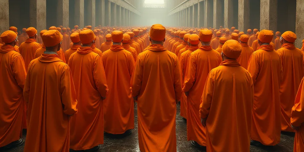 a large group of people in orange robes and hats standing together in a crowd of people in orange ro