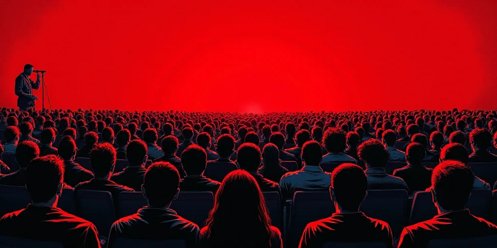 a large group of people sitting in a room with a red background and a red and black photo of a crowd