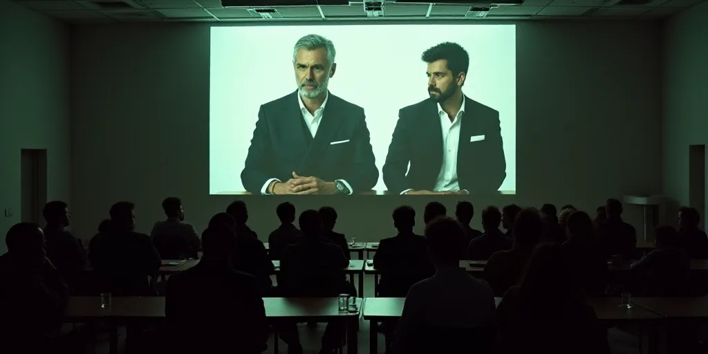 a large group of people sitting at a table in front of a screen with a picture of two men on it, Edu
