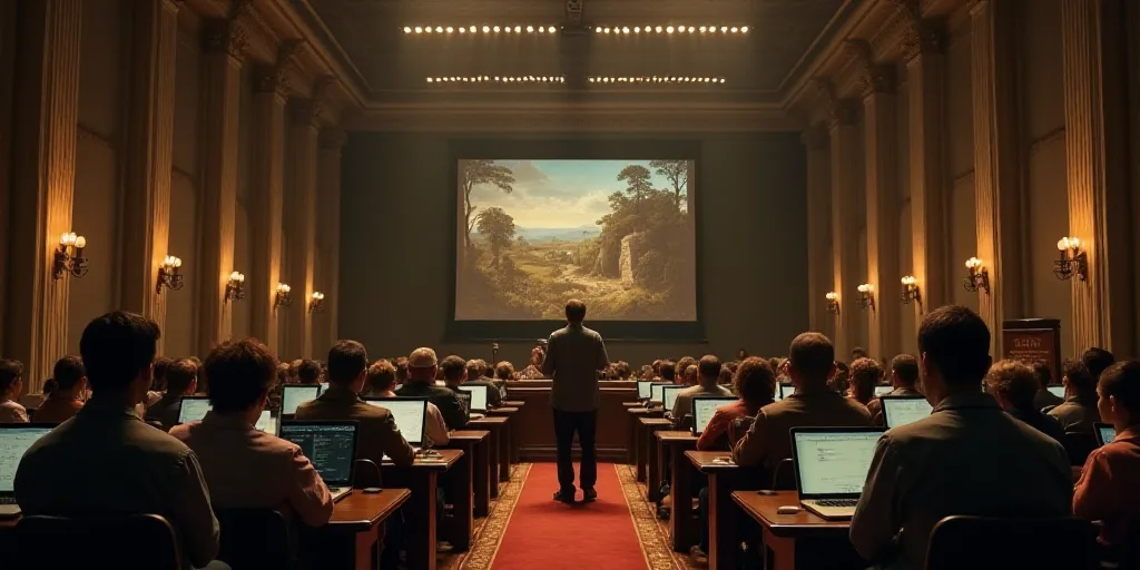 a large group of people sitting in a room with laptops and a speaker in front of them and a man stan