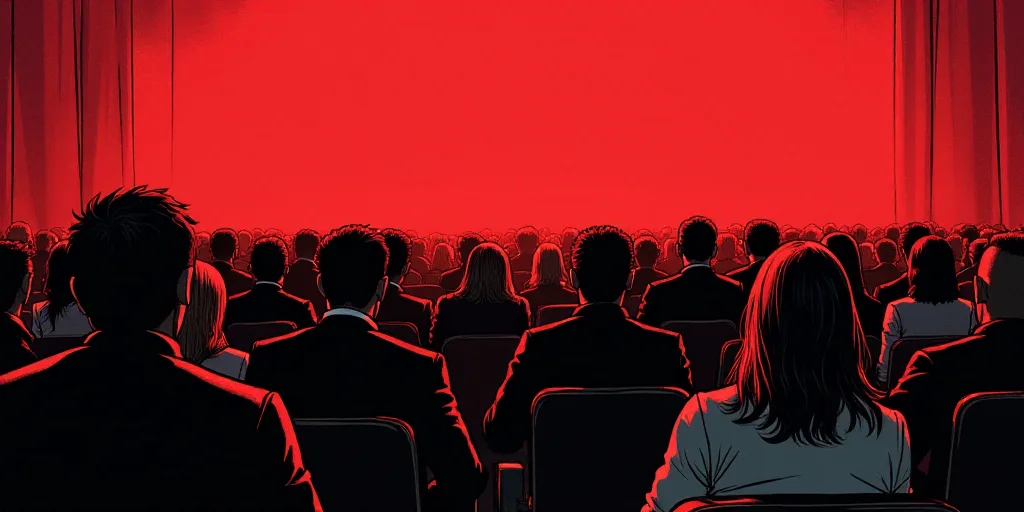 a large group of people sitting in a room with a red background and a red and black photo of a crowd