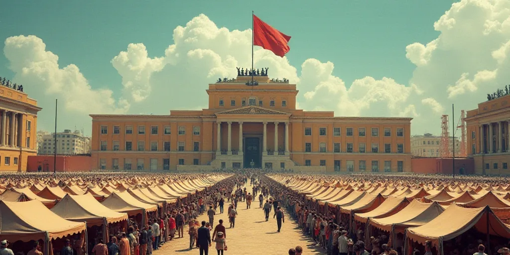 a large group of people with tents in front of a building with a flag on top of it and a flag pole i