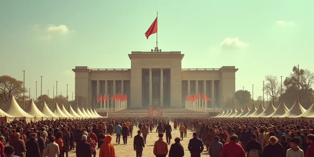 a large group of people with tents in front of a building with a flag on top of it and a flag pole i