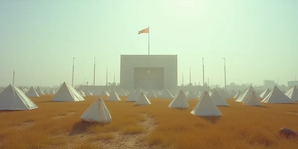 a large group of tents are in a large field with a building in the background and a flag flying in t