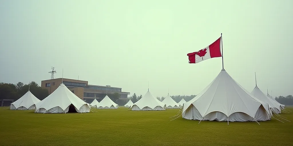a large group of tents are in a large field with a building in the background and a flag flying in t