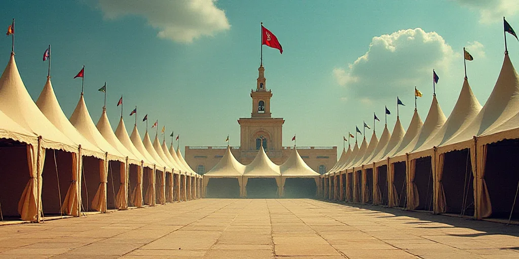 a large group of tents set up in a plaza with a flag flying in the background and a building with a