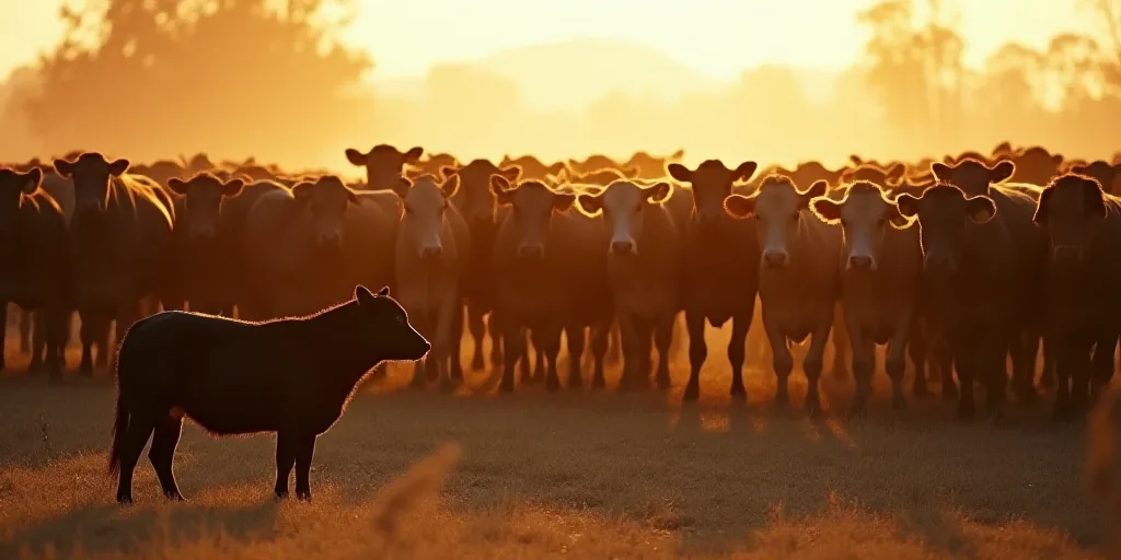 a large herd of cattle standing in a pen together in the sun light of the day, with a black dog in t