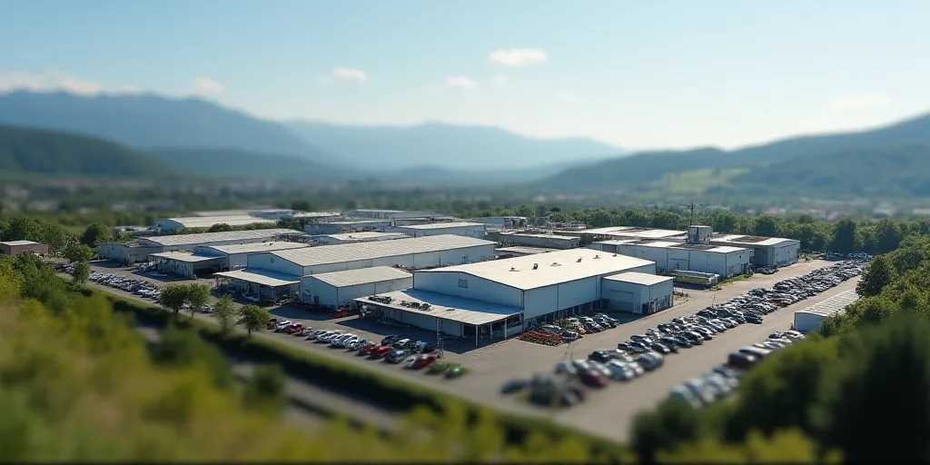 a large industrial area with a lot of buildings and cars parked in it and mountains in the backgroun