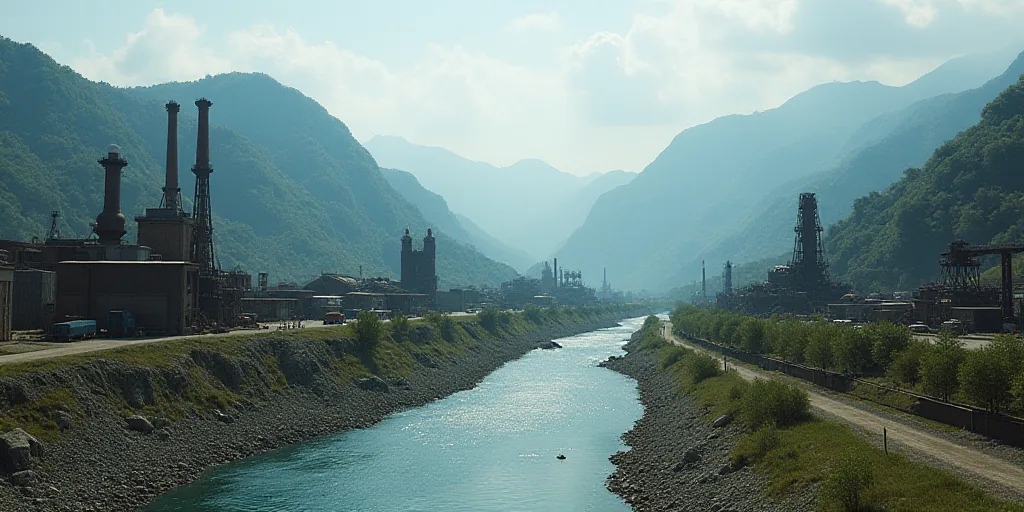 a large industrial area with a lot of machinery and mountains in the background, with a river runnin