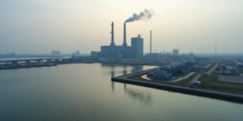 a large industrial area with a large body of water and a large factory building in the background wi