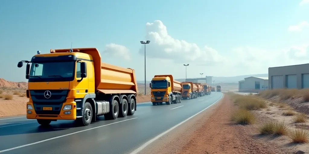 a large industrial area with trucks and buildings in the background and a sky background with a few