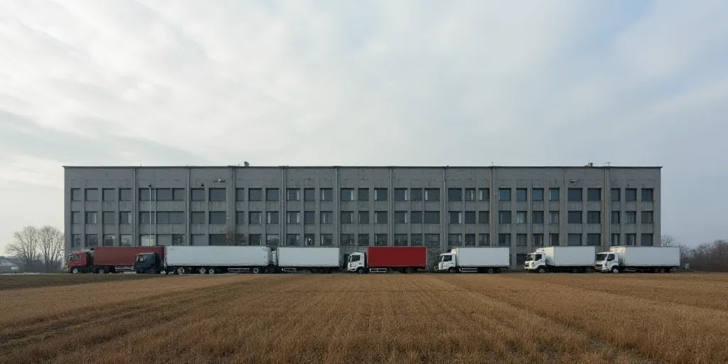 a large industrial building with many windows and a lot of trucks parked in front of it and a field,