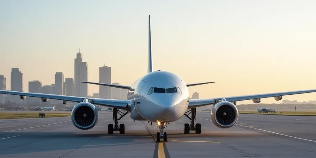 a large jetliner sitting on top of an airport tarmac next to a city skyline with tall buildings, Ann