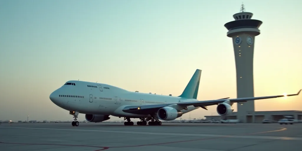 a large jetliner sitting on top of an airport tarmac next to a tall tower with a clock, Charles Frem