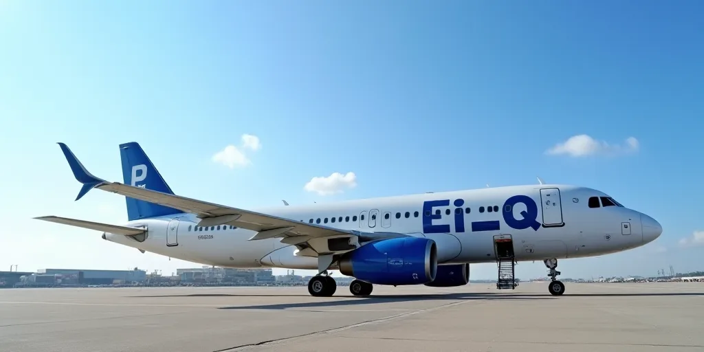 a large jetliner sitting on top of an airport tarmac with a ladder leading up to it's door, Ei-Q, bl